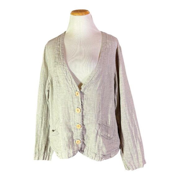 FLAX Size M Grey Button-Front Jacket Linen Pockets V-Neck - Picture 1 of 13